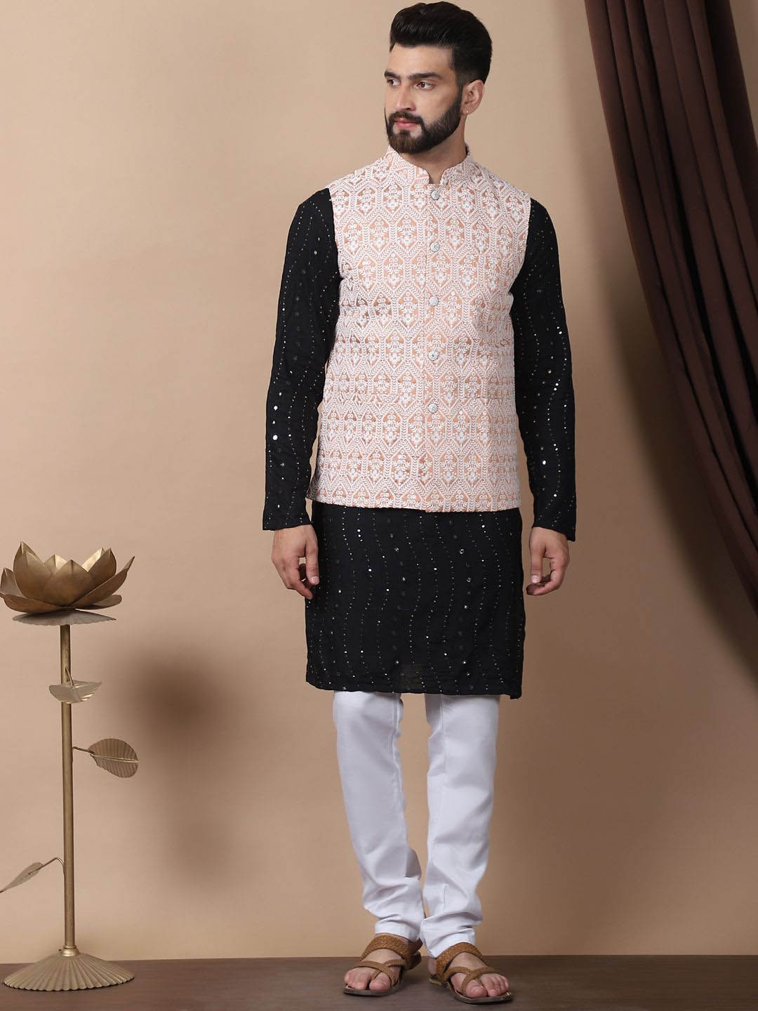 

Anouk Black Leheriya Embroidered Sequinned Pure Cotton Kurta with Churidar & Nehru Jacket