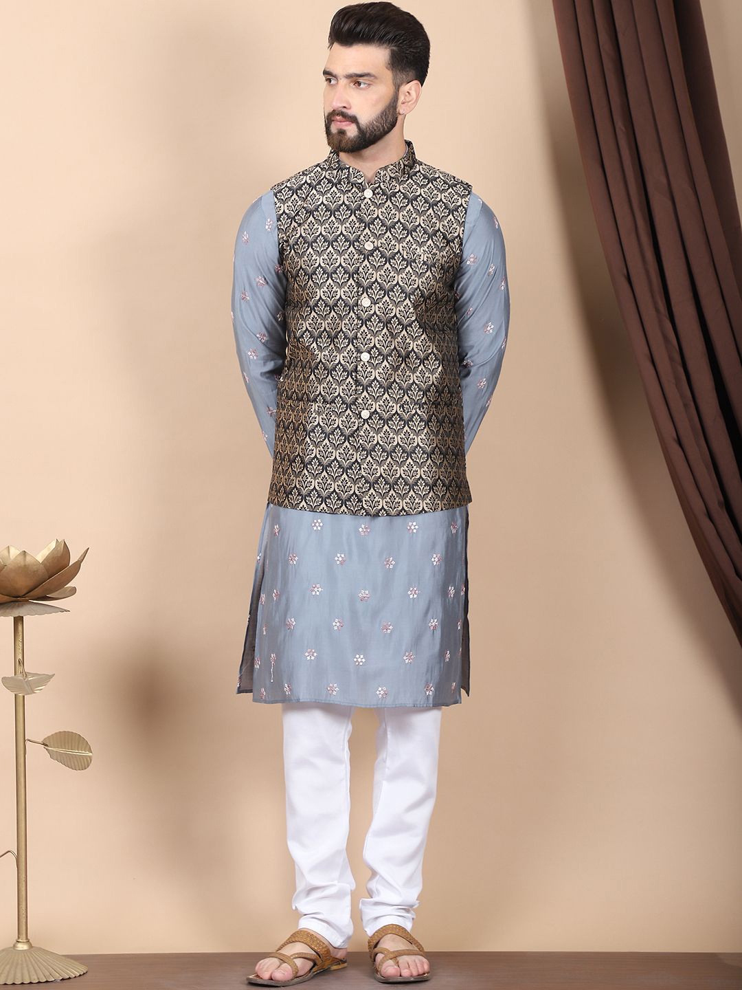

Anouk Grey Floral Embroidered Sequinned Cotton Silk Kurta with Churidar & Nehru Jacket