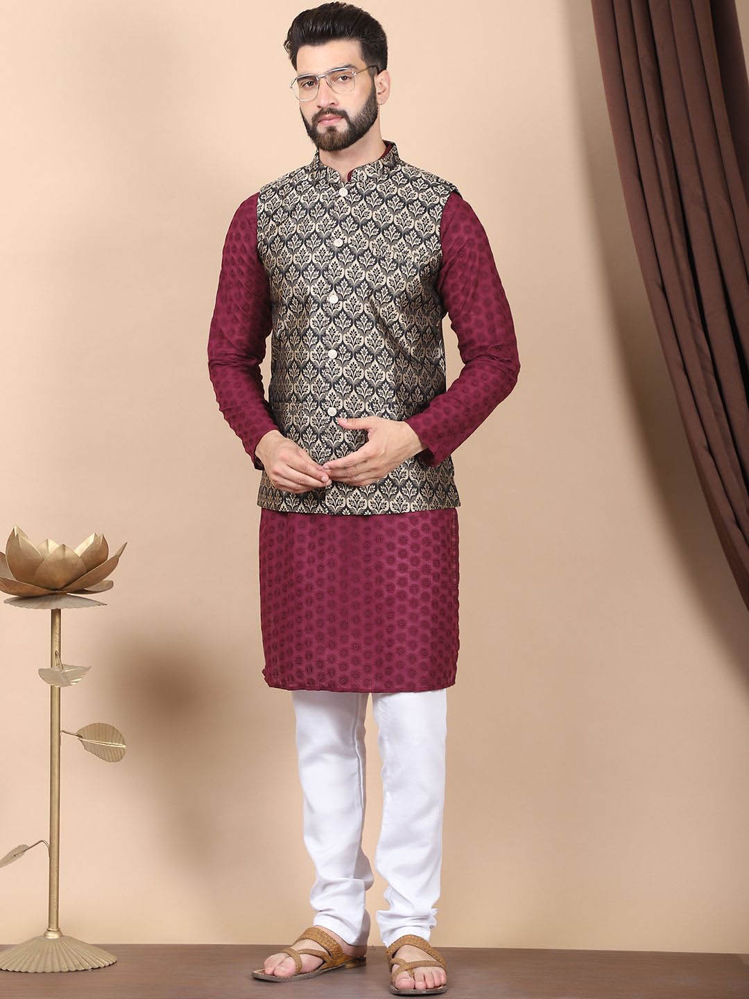 

Anouk Purple Floral Embroidered Thread Work Pure Cotton Kurta with Churidar & Nehru Jacket