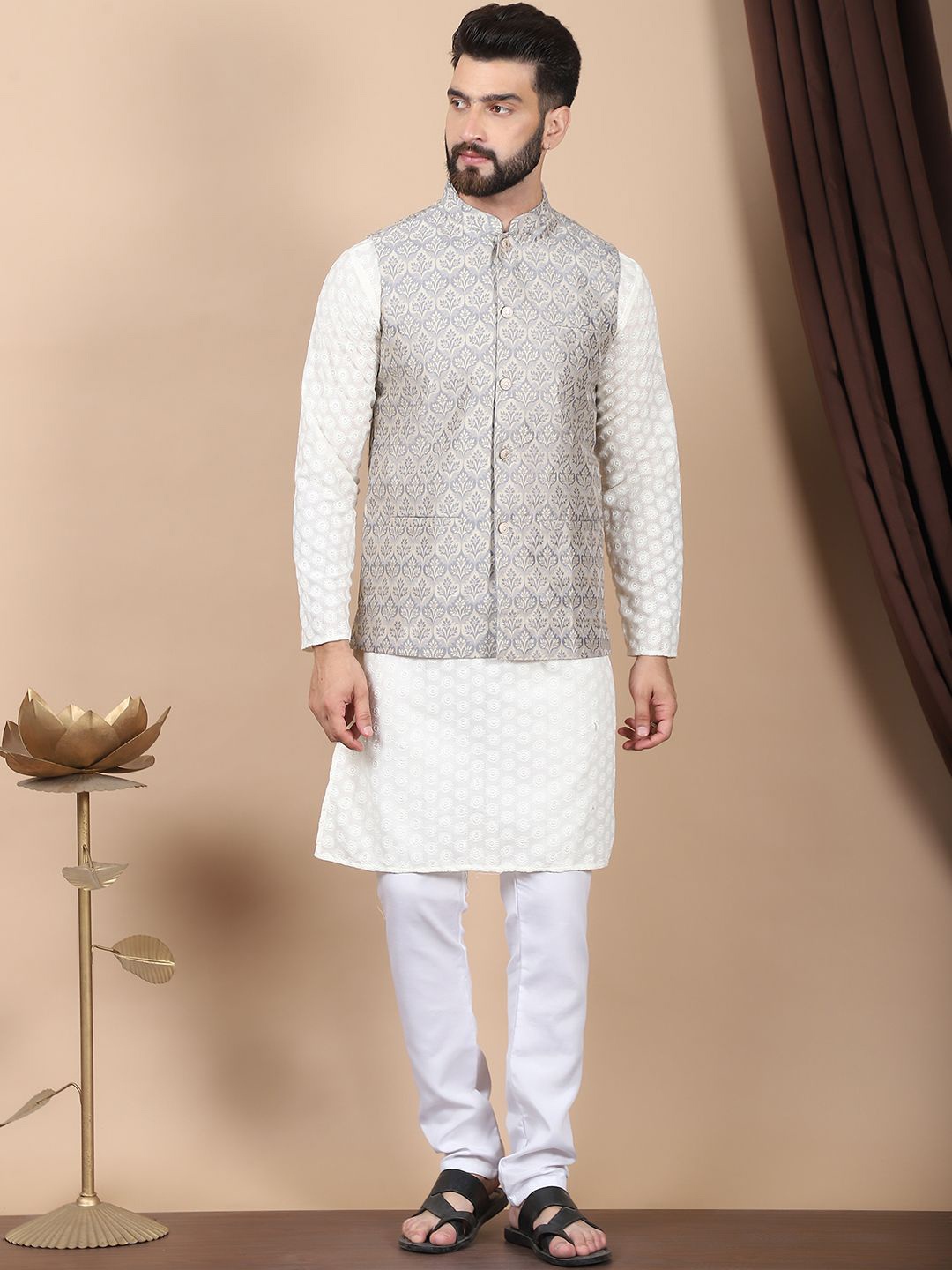 

Anouk Cream-Coloured Floral Embroidered Pure Cotton Kurta with Churidar & Nehru Jacket