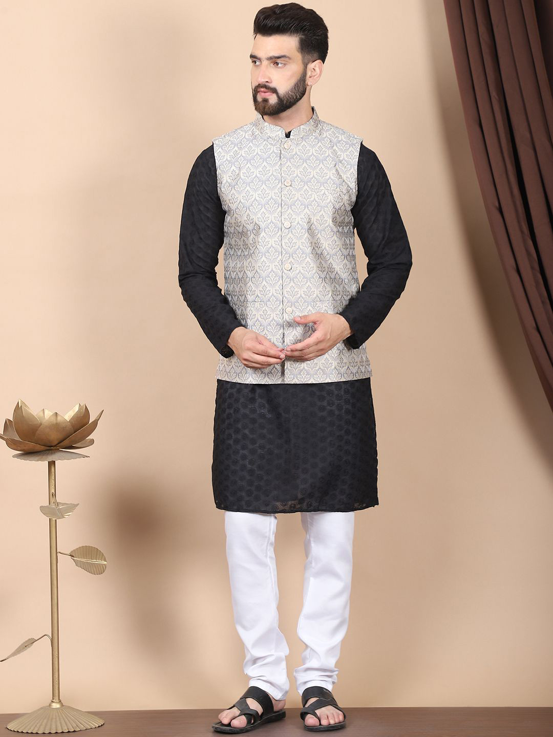 

Anouk Black Floral Embroidered Thread Work Pure Cotton Kurta with Churidar & Nehru Jacket