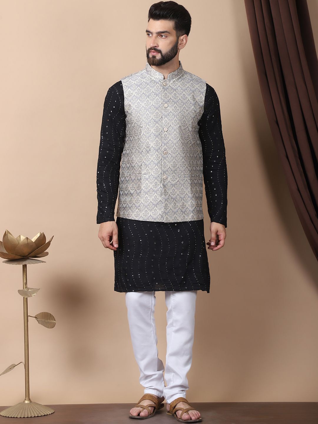 

Anouk Black Leheriya Embroidered Sequinned Pure Cotton Kurta with Churidar & Nehru Jacket