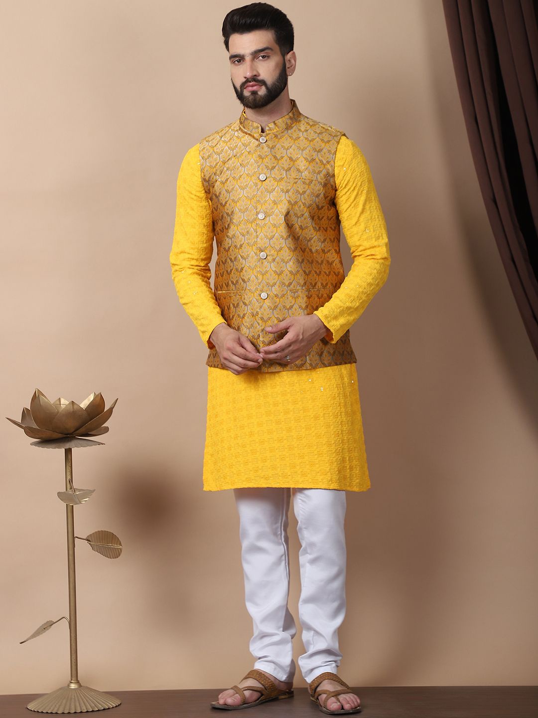 

Anouk Mustard-Yellow Floral Embroidered Pure Cotton Kurta with Churidar & Nehru Jacket