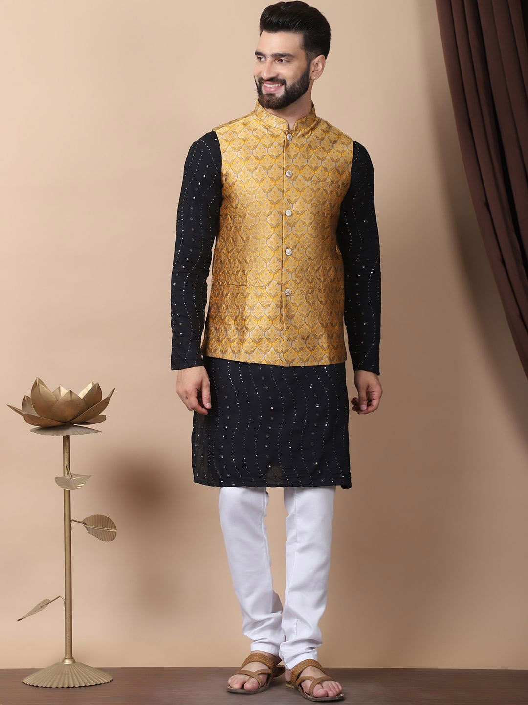 

Anouk Black Leheriya Embroidered Sequinned Pure Cotton Kurta with Churidar & Nehru Jacket