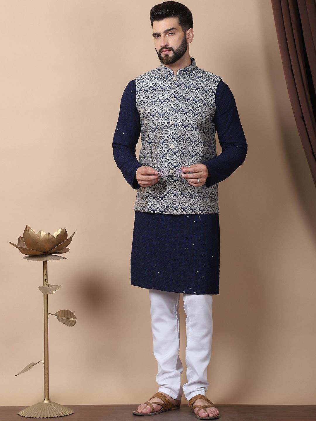 

Anouk Navy Blue Floral Embroidered Pure Cotton Kurta with Churidar & Nehru Jacket