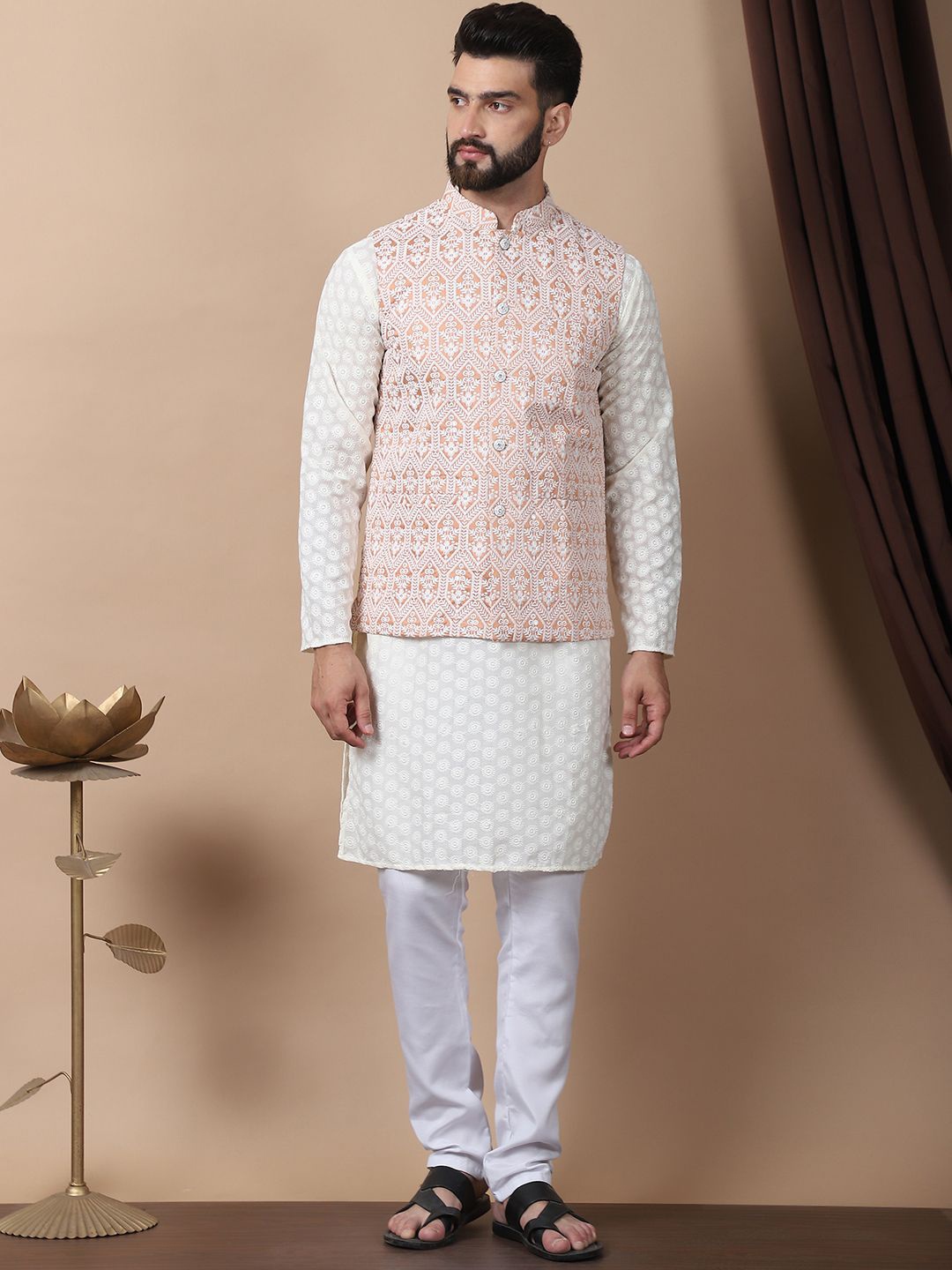 

Anouk Cream-Coloured Floral Embroidered Pure Cotton Kurta with Churidar & Nehru Jacket