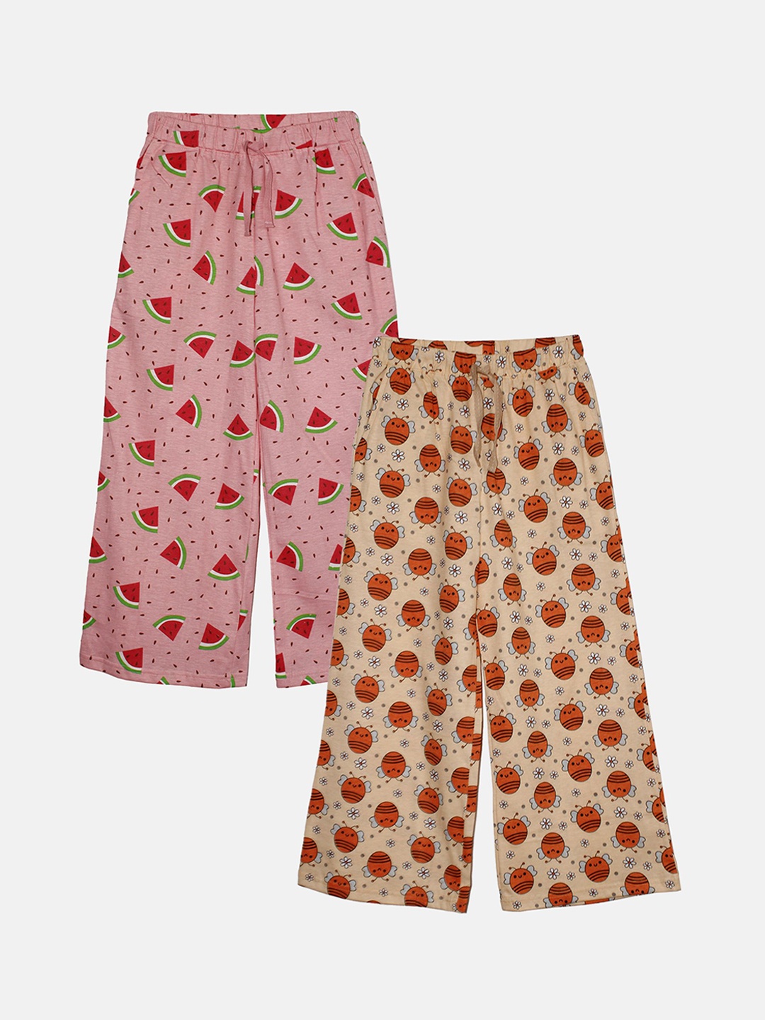 

KiddoPanti Girls Pack Of 2 Printed Pure Cotton Lounge Pants, Peach