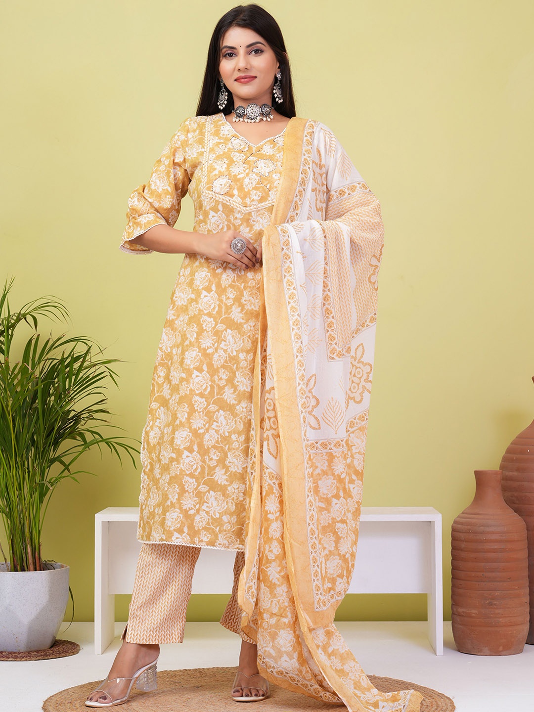 

ZOYOTO Floral Printed Gotta Patti Pure Cotton Straight Kurta With Trousers & Dupatta, Mustard