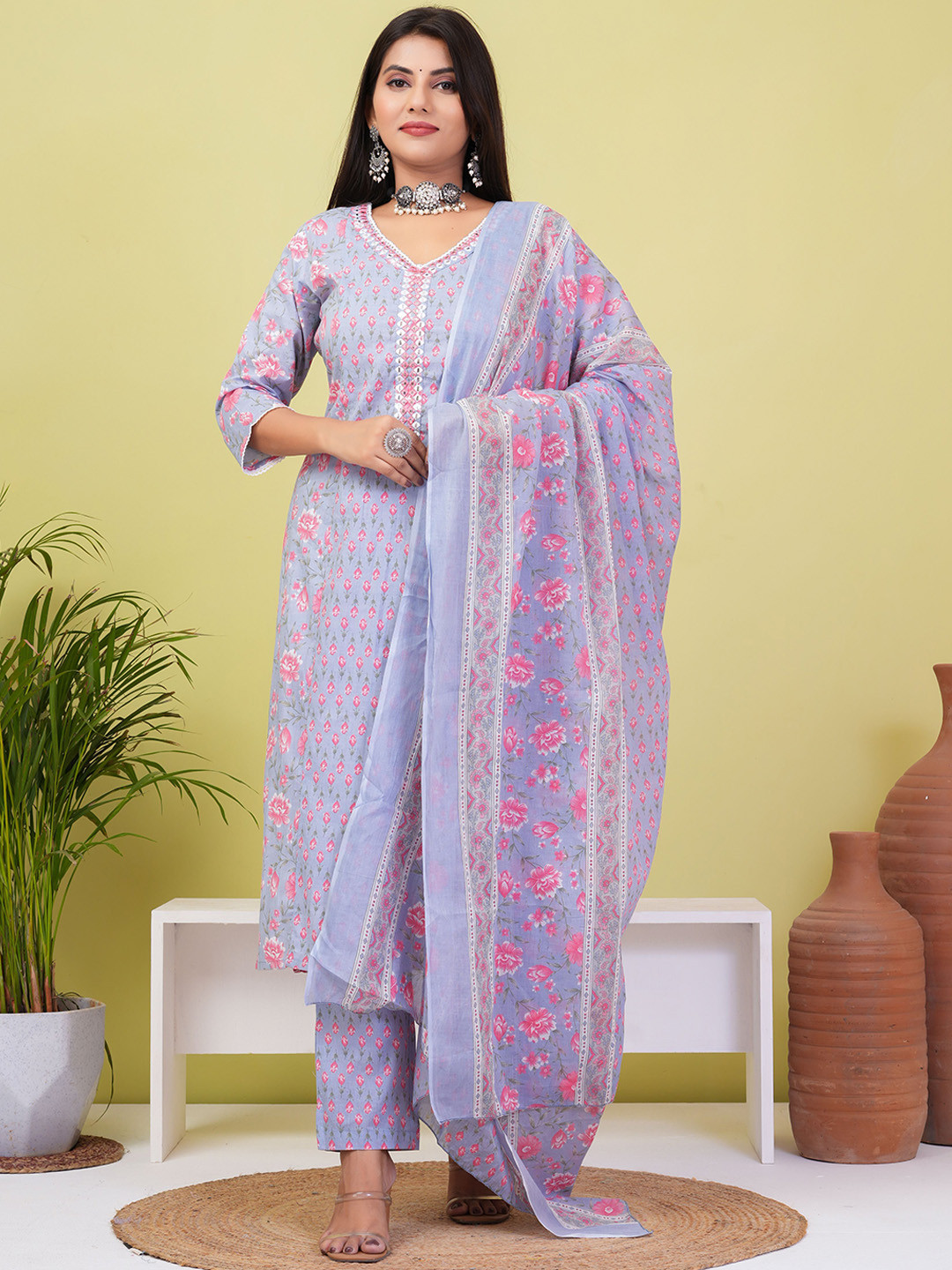 

ZOYOTO Floral Printed Mirror Work Pure Cotton Straight Kurta With Trousers & Dupatta, Grey