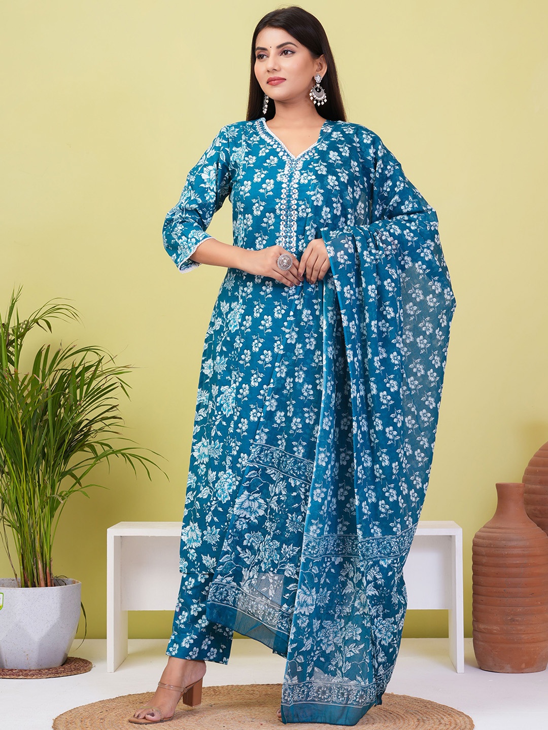 

ZOYOTO Floral Printed Mirror Work Pure Cotton Straight Kurta With Trousers & Dupatta, Blue