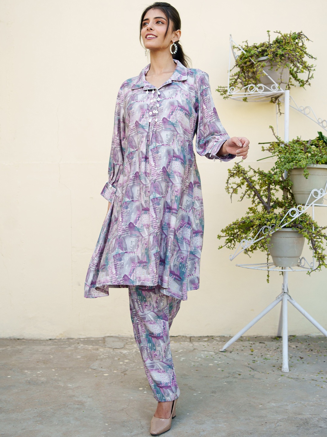 

VAASVA JAIPUR Floral Printed Shirt Collar Muslin Tunic With Trouser, Lavender