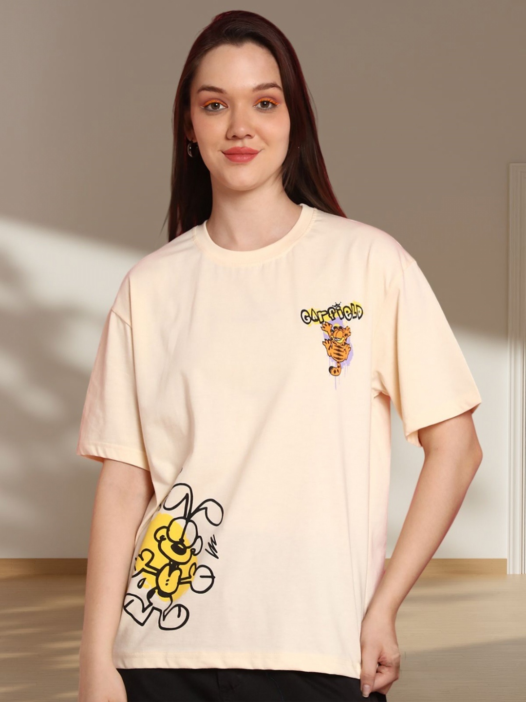 

BAESD Women Graphic Printed Round Neck Cotton Oversized T-shirt, Yellow