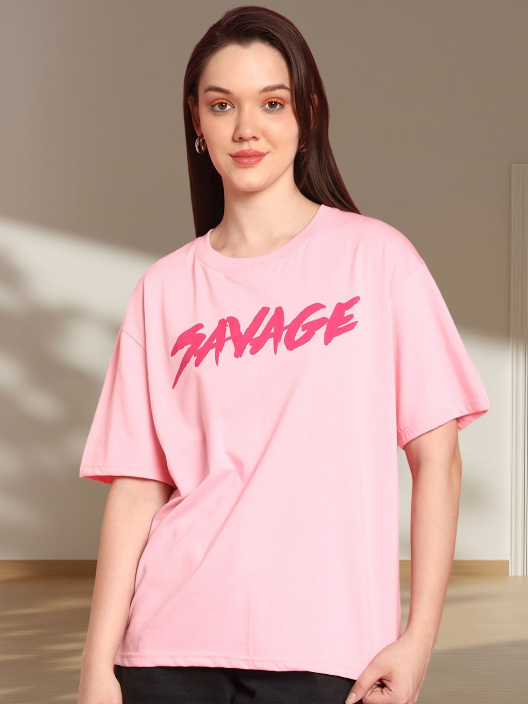 

BAESD Women Graphic Printed Round Neck Cotton Oversized T-shirt, Pink