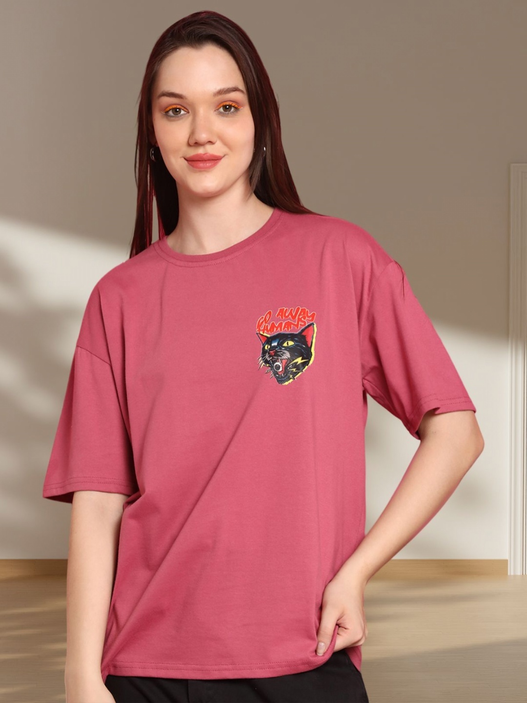 

BAESD Women Graphic Printed Round Neck Cotton Oversized T-shirt, Pink