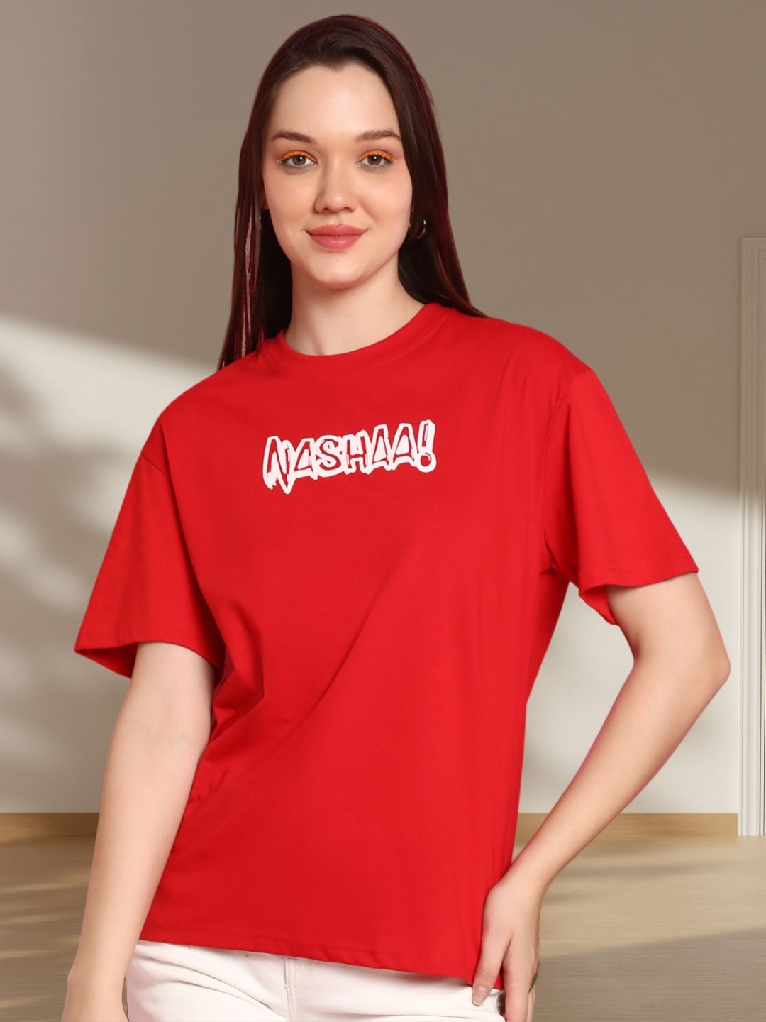 

BAESD Women Graphic Printed Round Neck Cotton Oversized T-shirt, Red