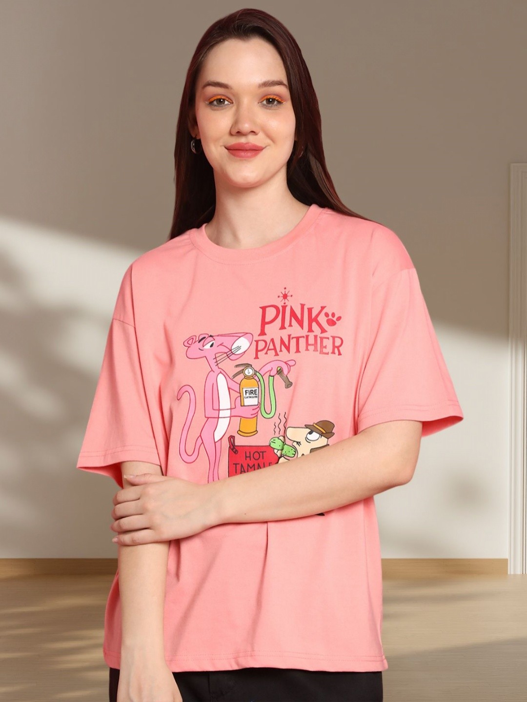 

BAESD Women Graphic Printed Round Neck Cotton Oversized T-shirt, Pink