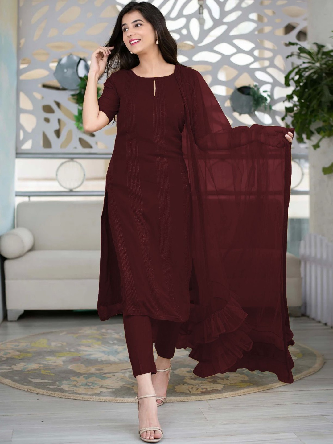 

Ethnic Yard Striped Keyhole Neck Sequined Straight Kurta with Trousers & Dupatta, Maroon