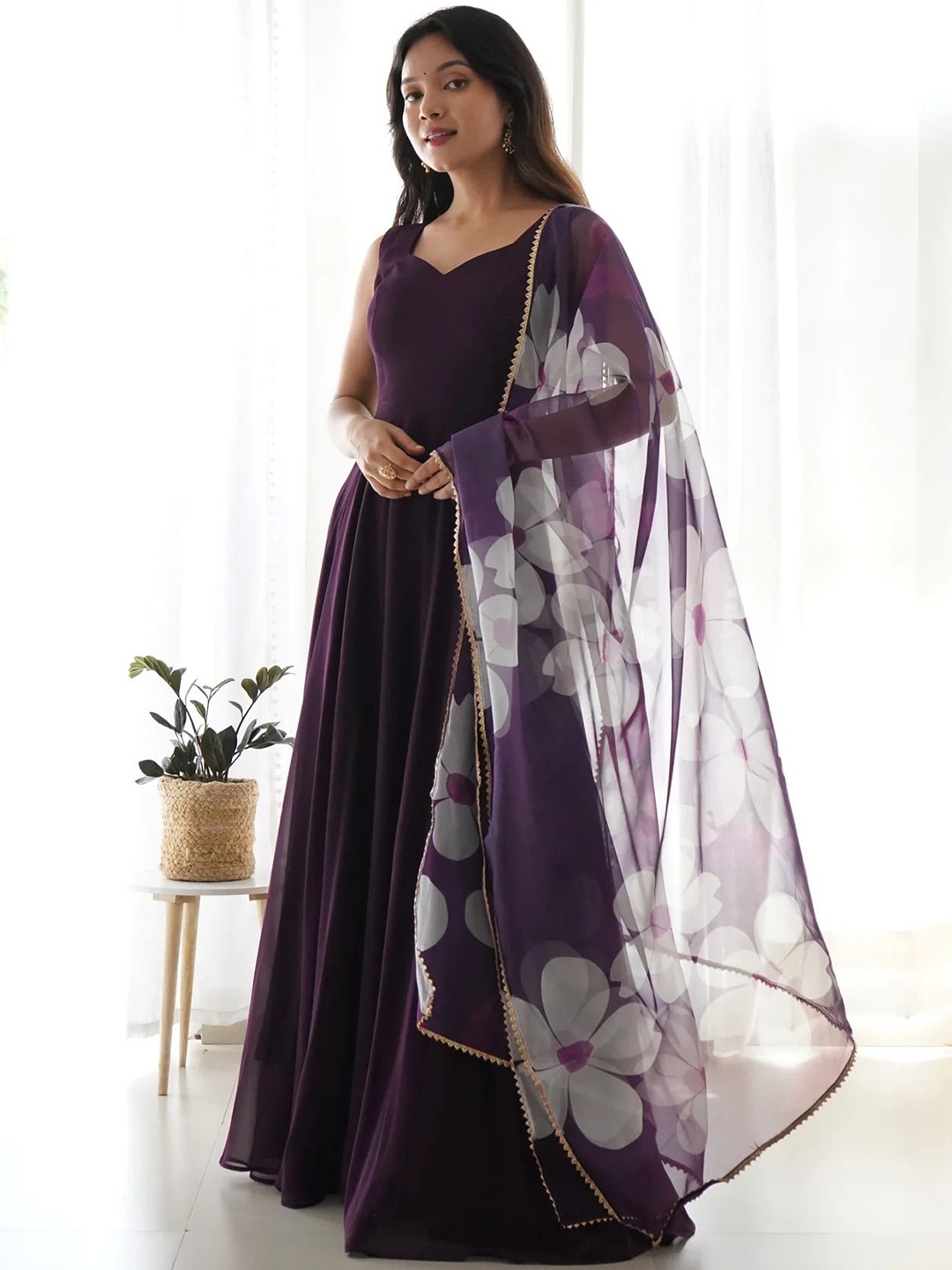 

Ethnic Yard Sweetheart Neck Anarkali Gotta Patti Kurta With Trousers & Dupatta, Purple