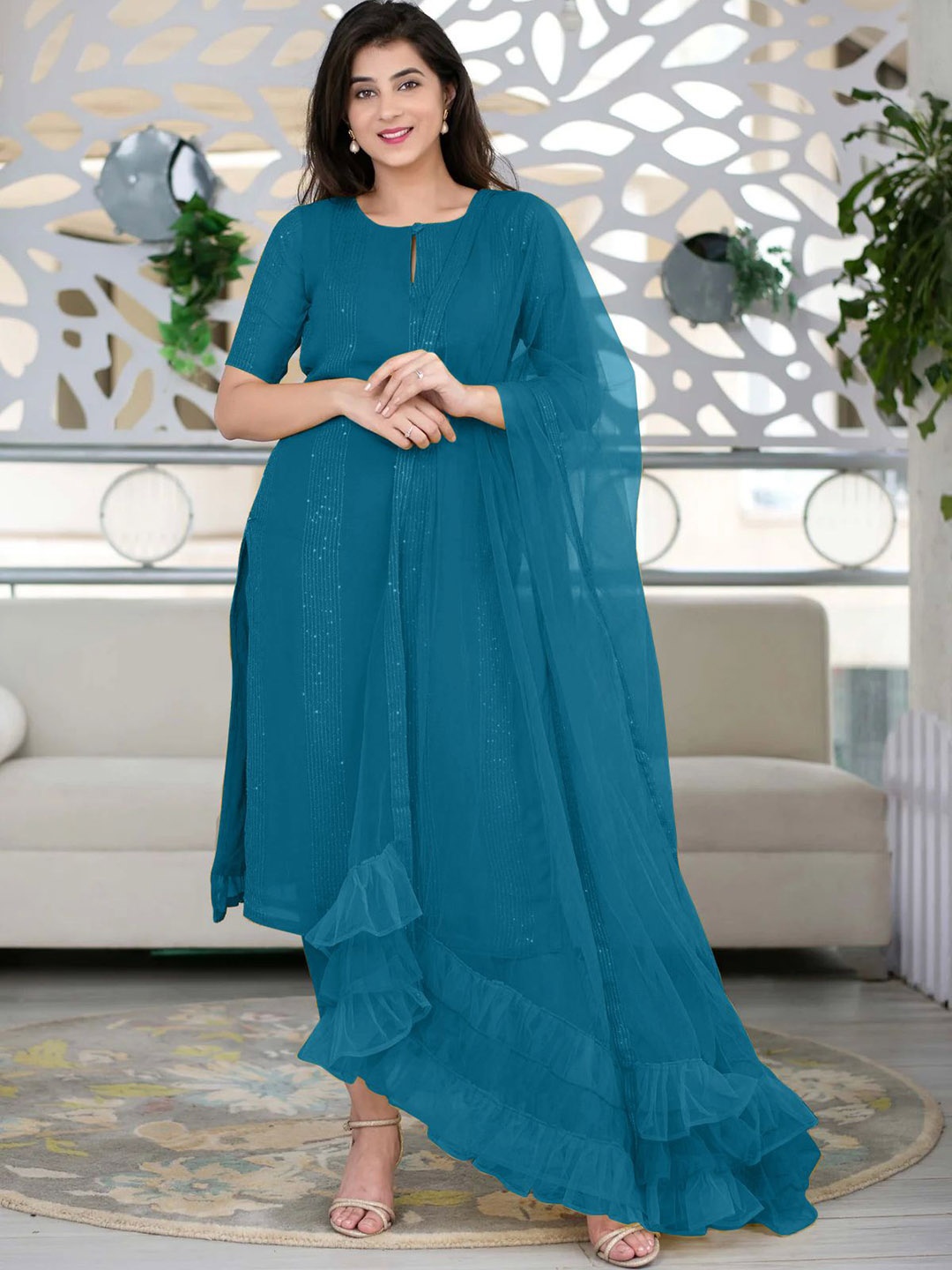 

Ethnic Yard Striped Keyhole Neck Sequined Straight Kurta with Trousers & Dupatta, Turquoise blue