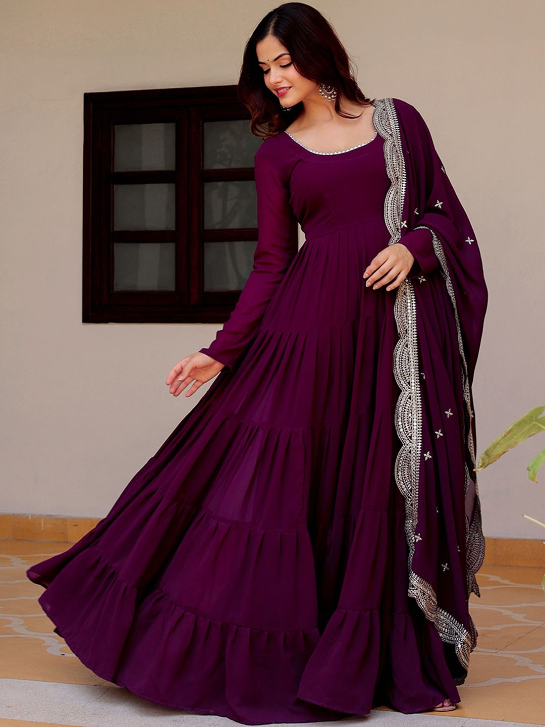 

Ethnic Yard Round Neck Long Sleeves Tiered Gotta Patti Kurta With Trousers & Dupatta, Purple