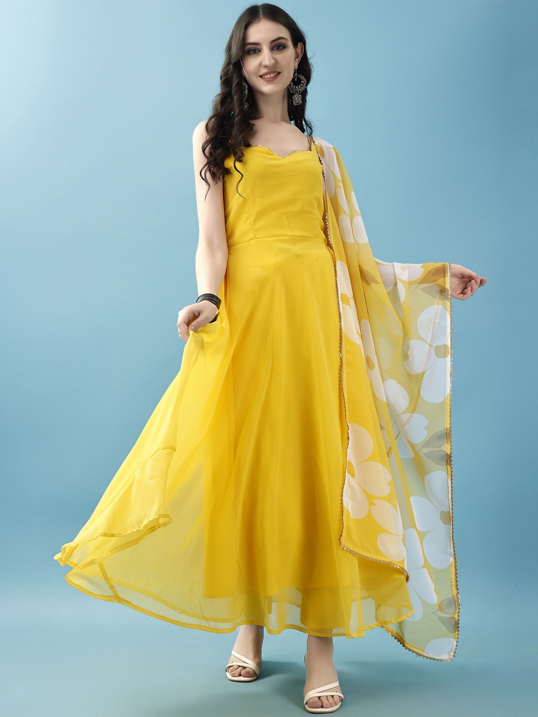 

Ethnic Yard Sweetheart Neck Anarkali Gotta Patti Kurta With Trousers & Dupatta, Yellow