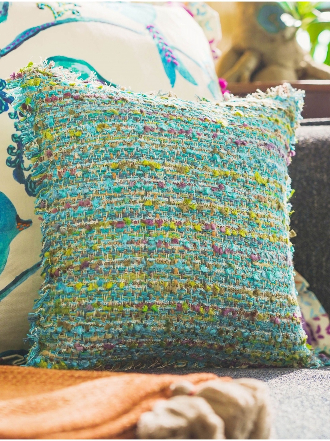 

ONSETHOMES Blue & Green Self Design Textured Square Cushion Cover