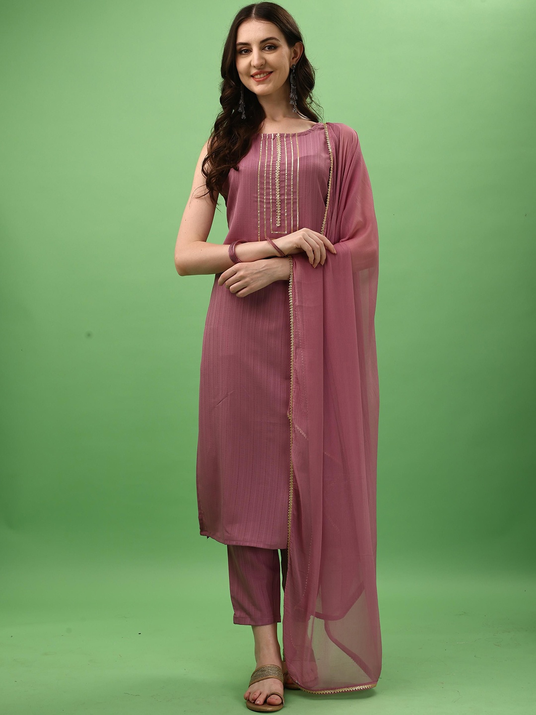 

THE52 Yoke Design Gotta Patti Straight Kurta With Trousers & Dupatta, Pink