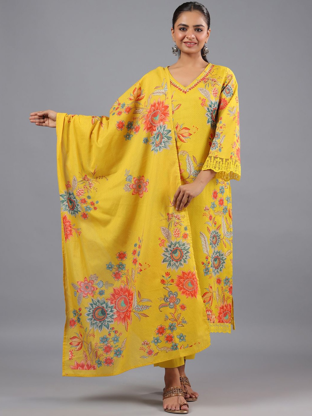

Amchoor Floral Printed Regular Mirror Work Kurta With Trousers & Dupatta, Yellow