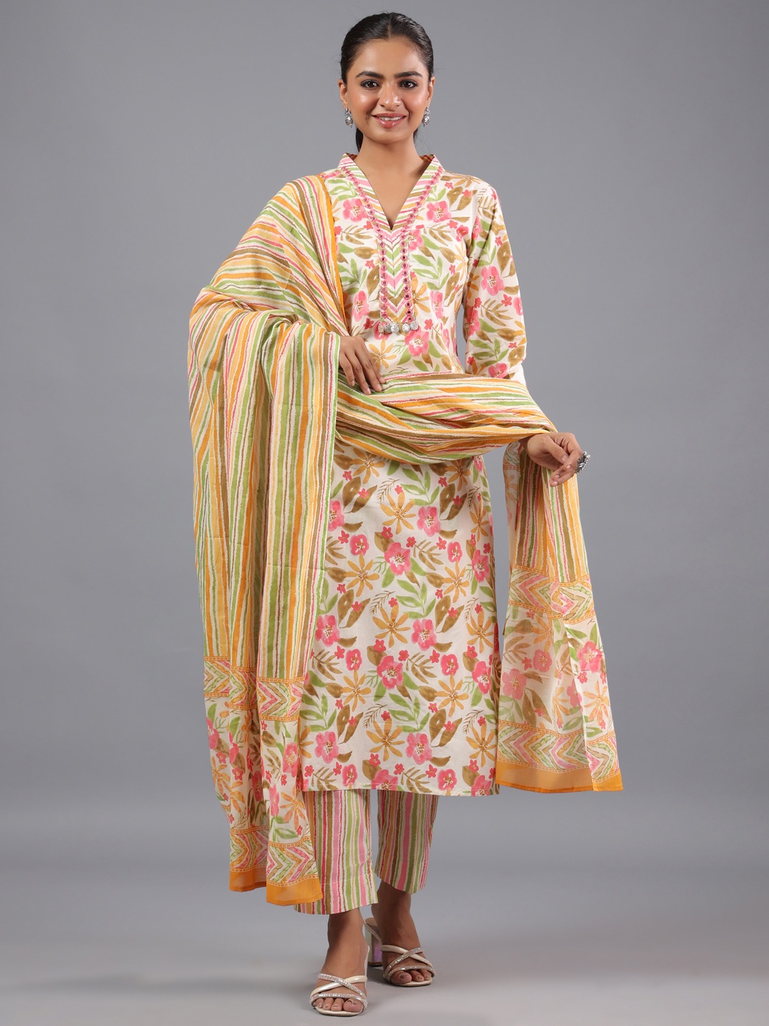 Amchoor Floral Printed Regular Mirror Work Kurta With Trousers & Dupatta, Pink