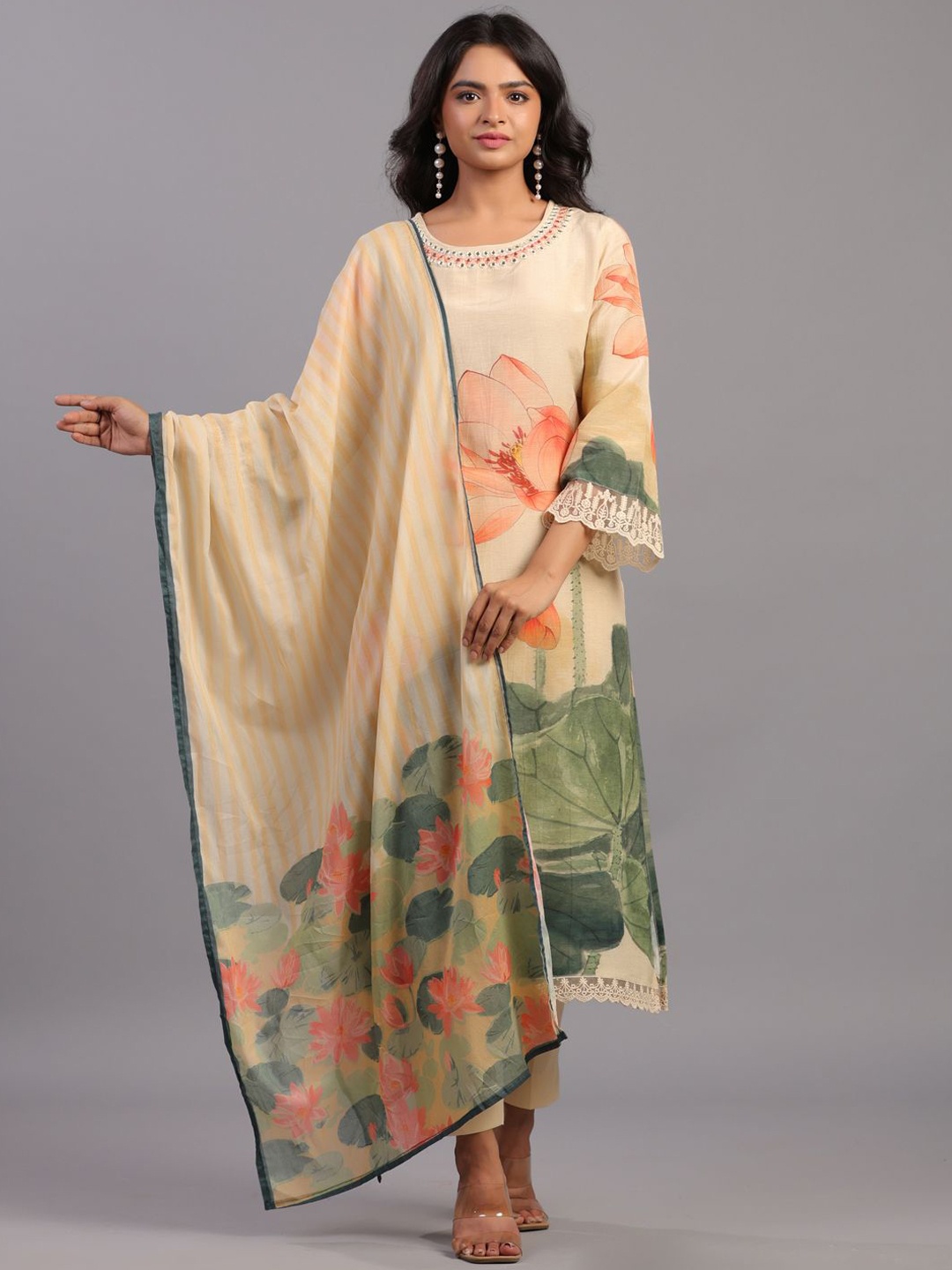 

Amchoor Floral Printed Mirror Work Straight Kurta With Trousers & Dupatta, Beige