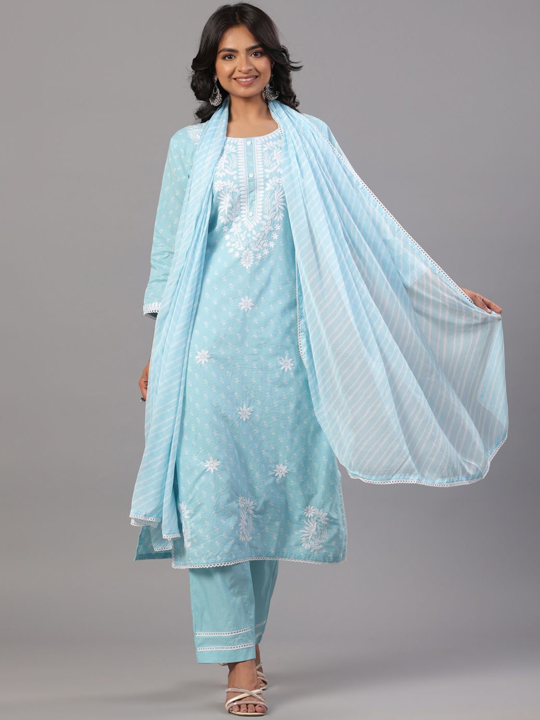 

Amchoor Floral Embroidered Straight Kurta With Trousers & Dupatta, Blue