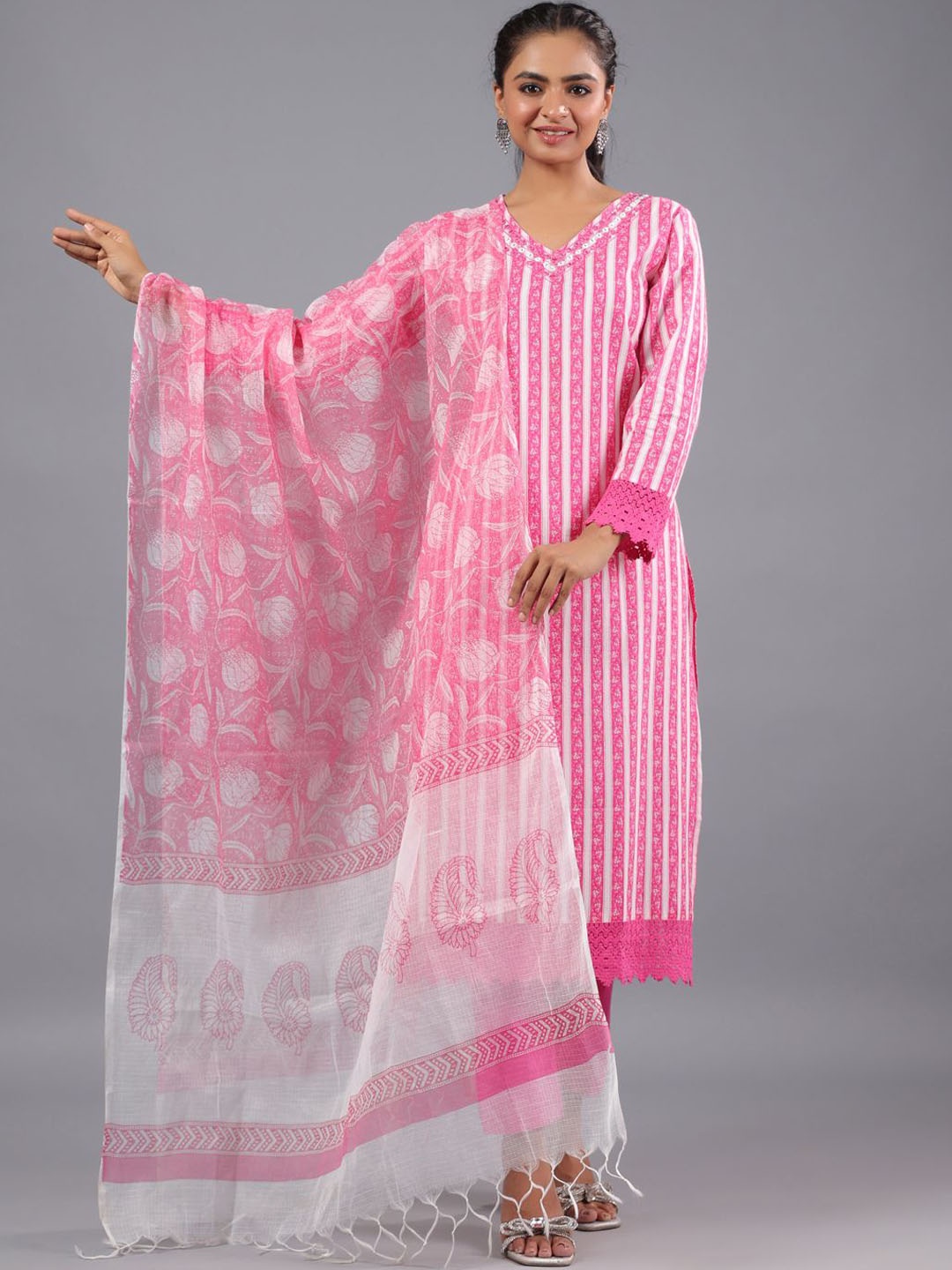 

Amchoor Floral Printed Mirror Work Straight Kurta With Trousers & Dupatta, Pink
