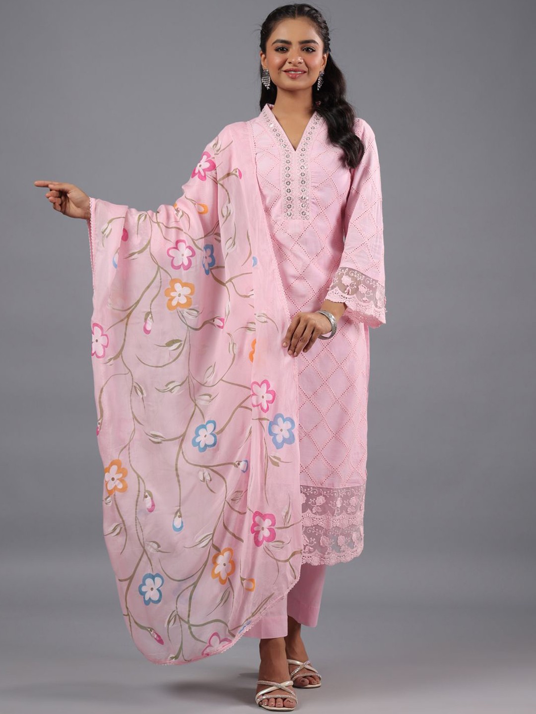 

Amchoor Geometric Embroidered Mirror Work Straight Kurta With Trousers & Dupatta, Pink