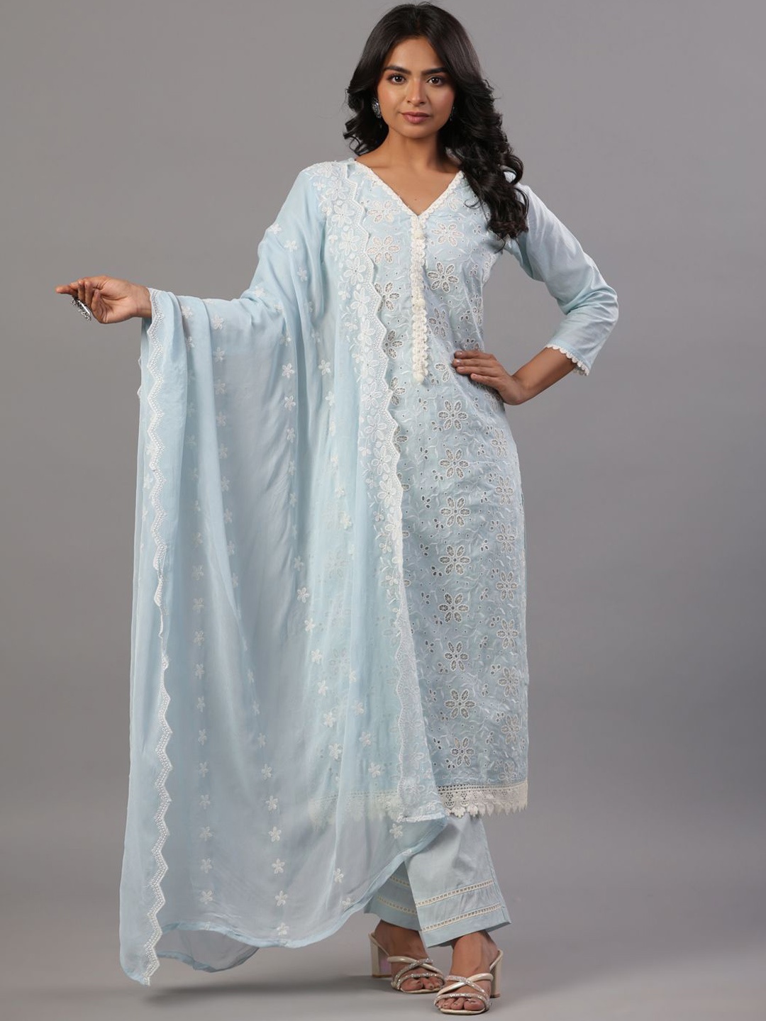 

Amchoor Floral Embroidered Straight Kurta With Trousers & Dupatta, Blue