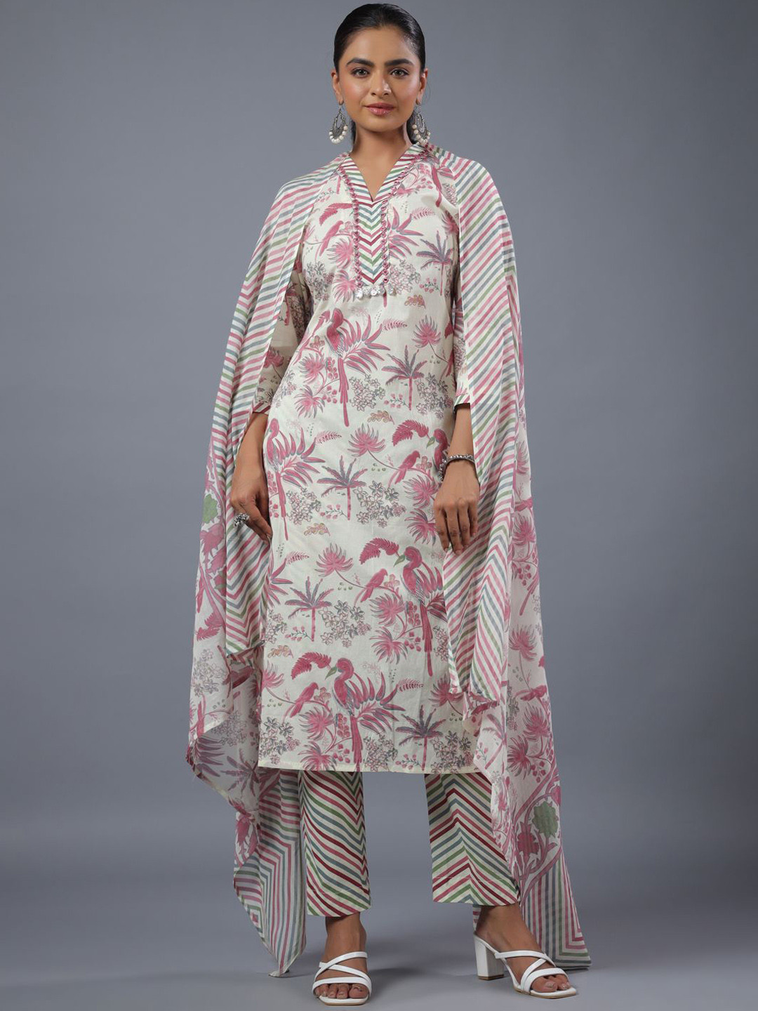 

Amchoor Floral Printed Mirror Work Straight Kurta With Trousers & Dupatta, Off white