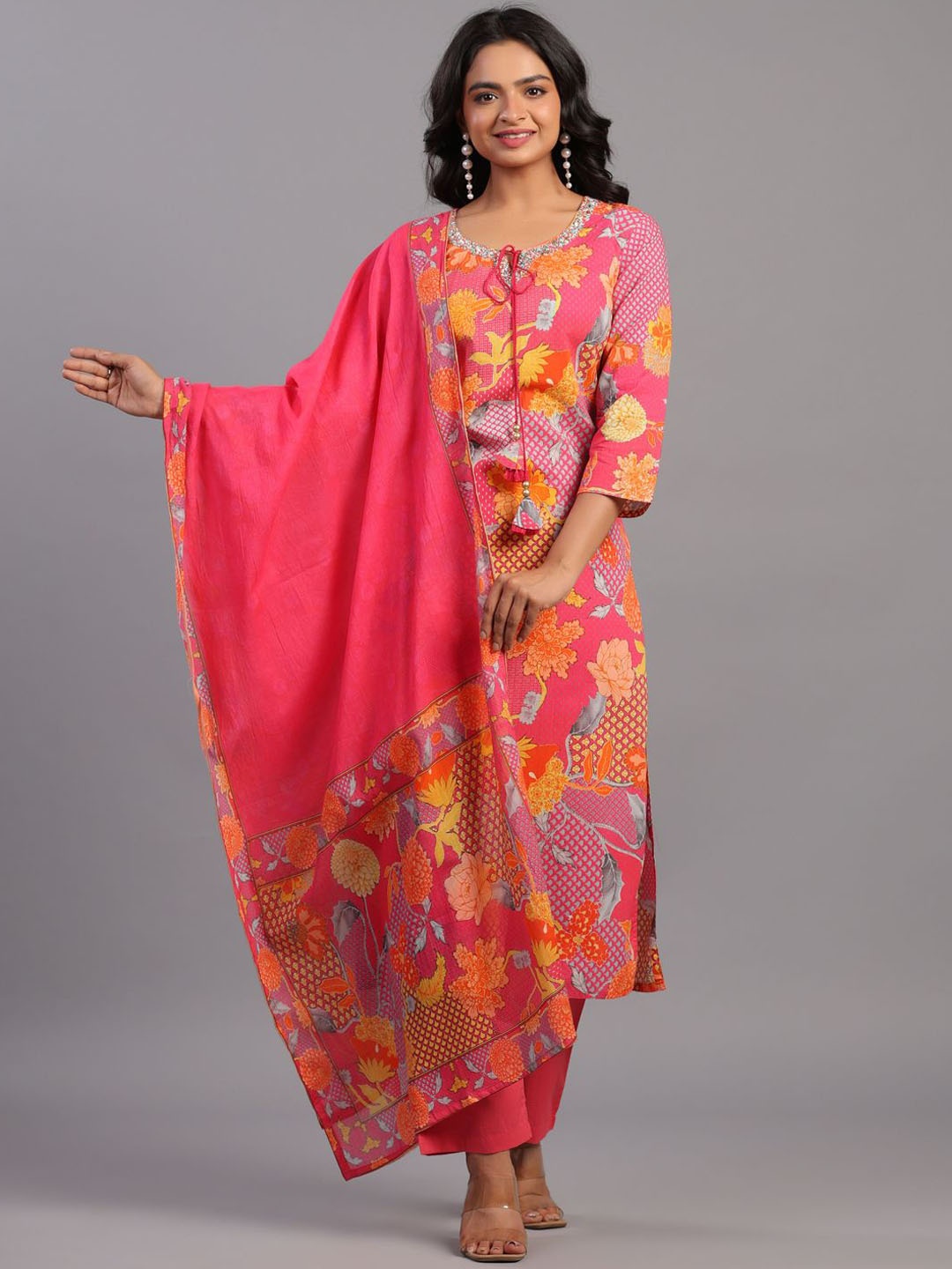 

Amchoor Floral Printed Beads and Stones Straight Kurta with Trousers & Dupatta, Pink