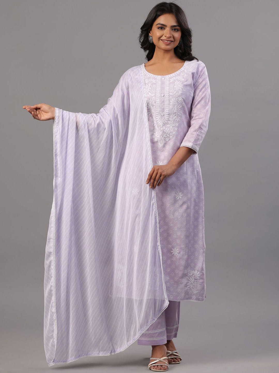 

Amchoor Floral Embroidered Straight Kurta With Trousers & Dupatta, Purple