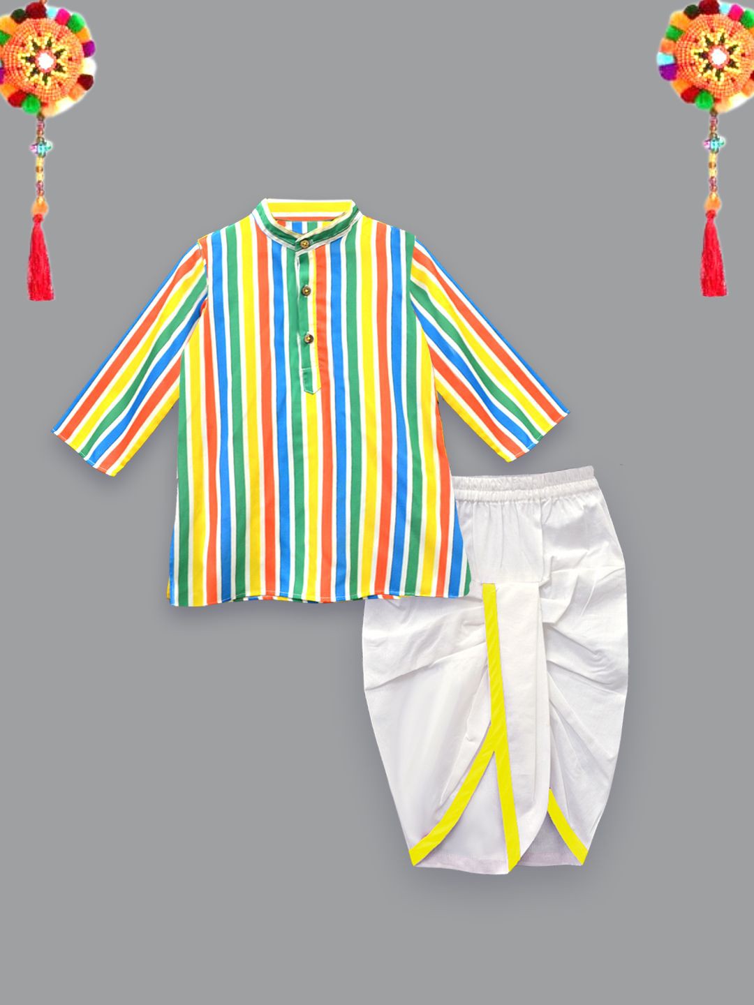 

A.T.U.N. Boys Striped Band Collar Straight Kurta With Dhoti Pant, White