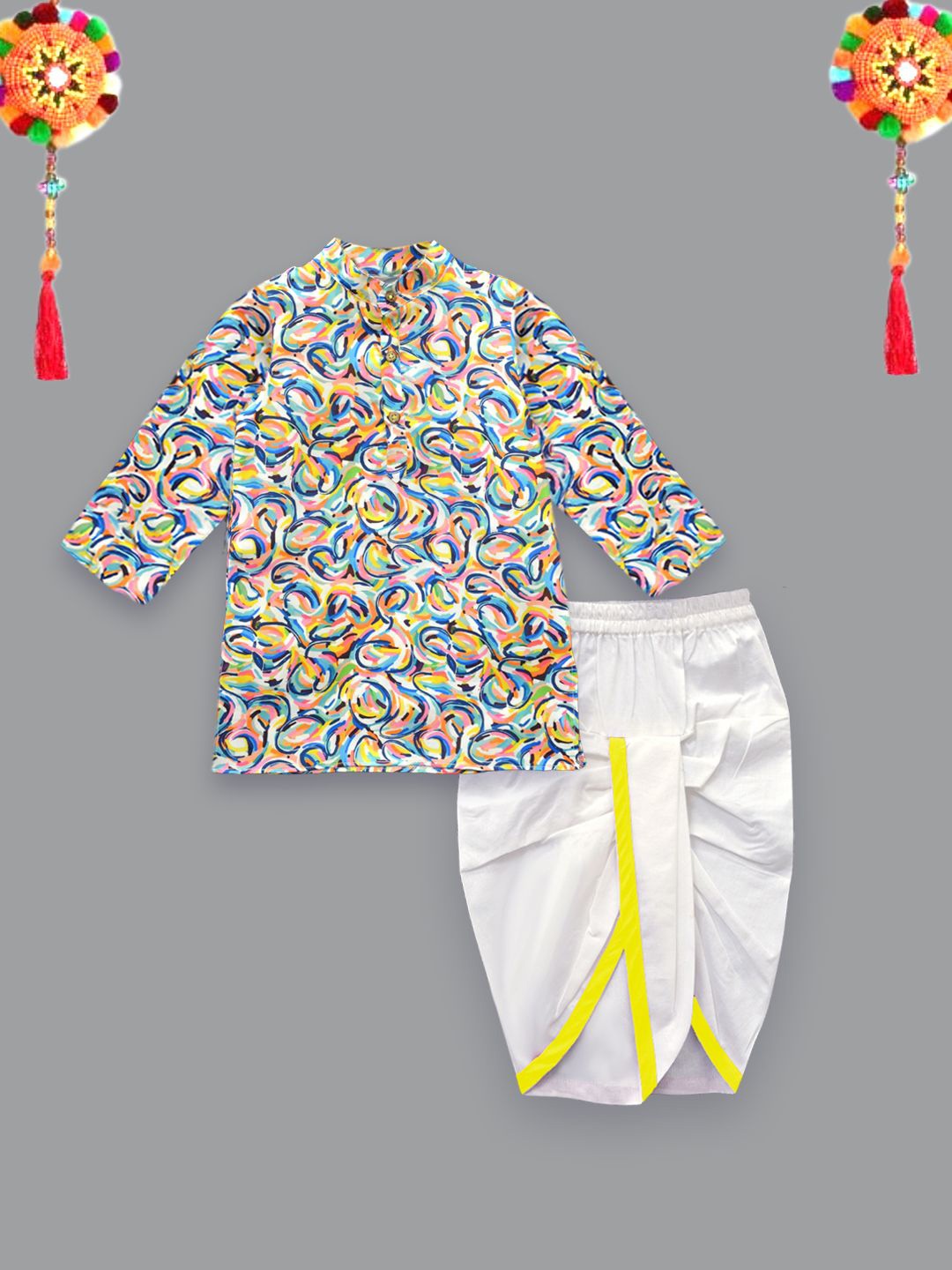 

A.T.U.N. Boys Abstract Printed Band Collar Straight Kurta With Dhoti Pants, White