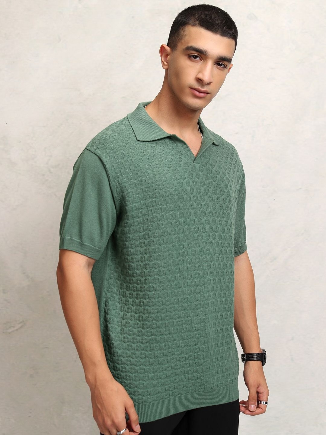 

Highlander Men Knitted Textured Polo Collar T-shirt, Green