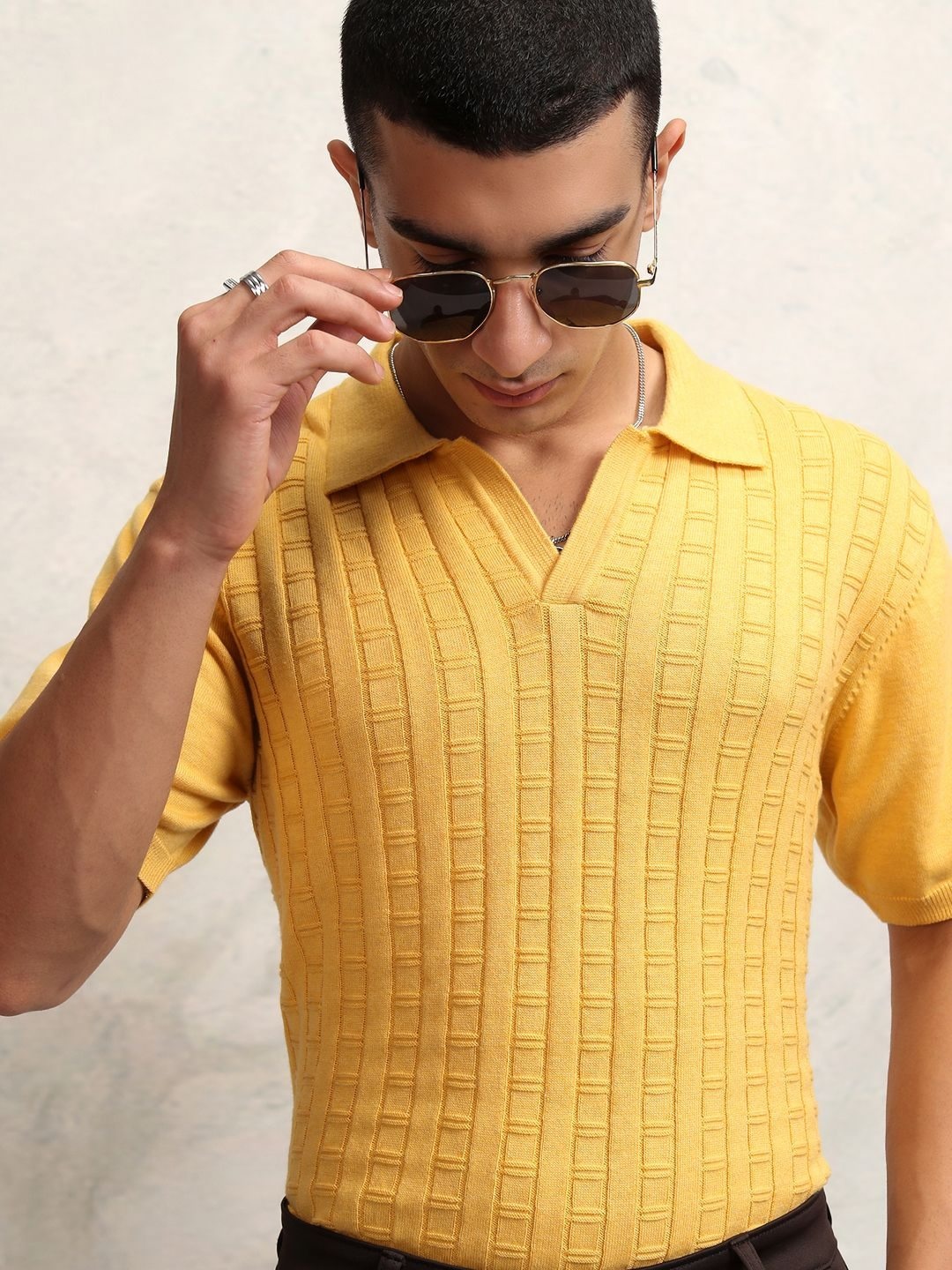 

HIGHLANDER Men Knitted Textured Polo Collar T-shirt, Yellow