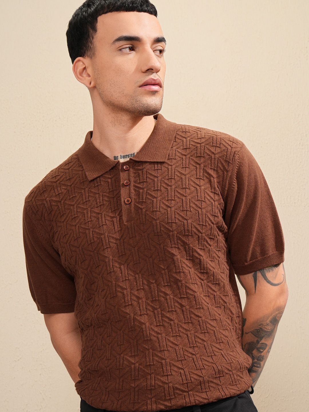 

Highlander Men Knitted Textured Polo Collar Tshirt, Brown