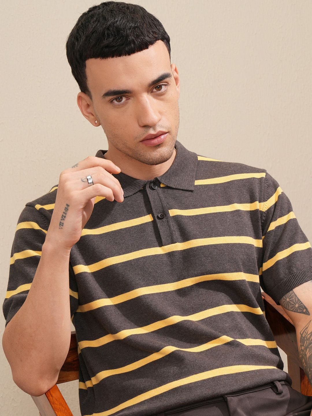 

Highlander Men Striped Textured Knitted Polo Collar T-shirt, Brown