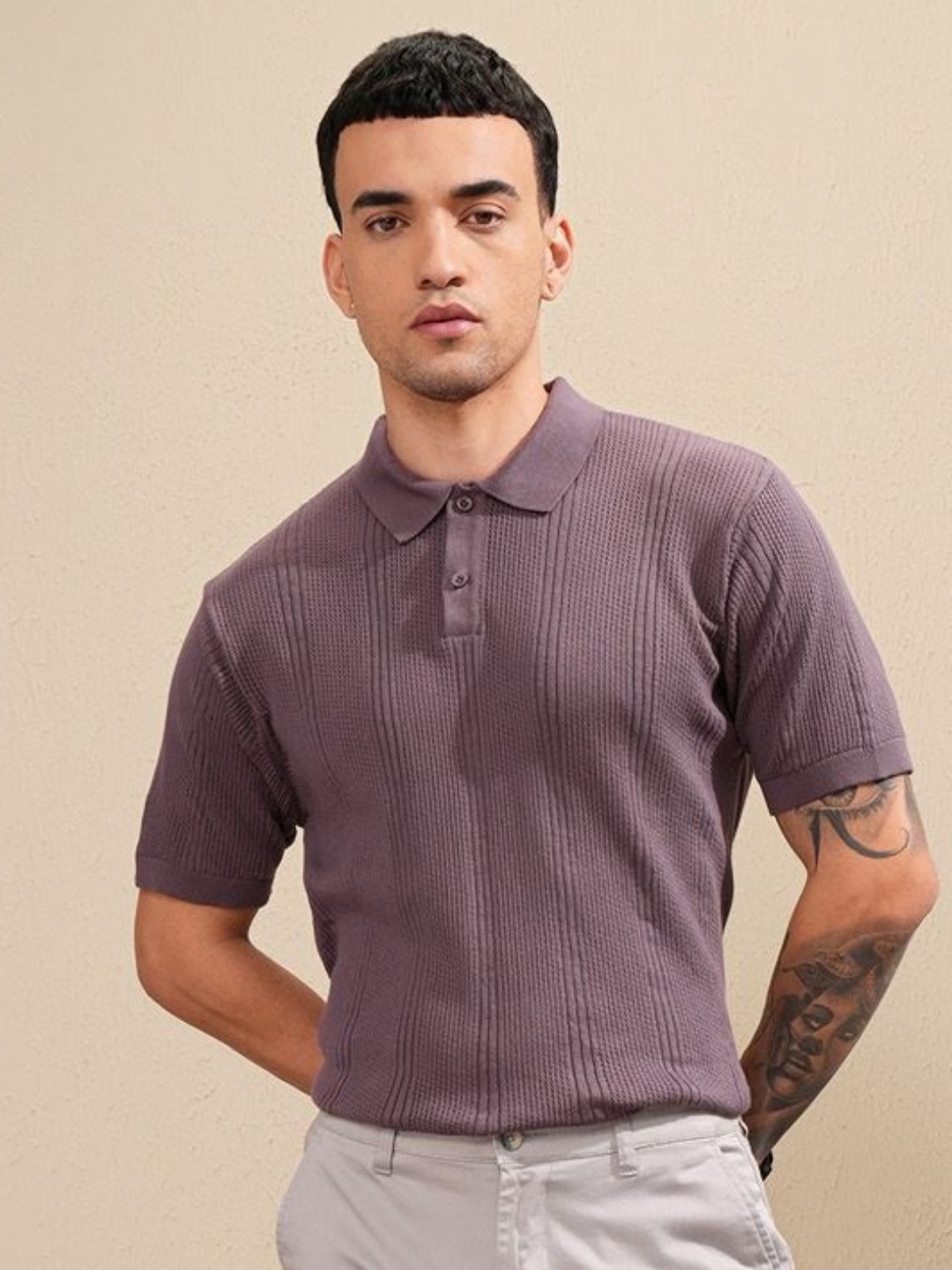 

Highlander Men Knitted Textured Polo Collar T-shirt, Purple