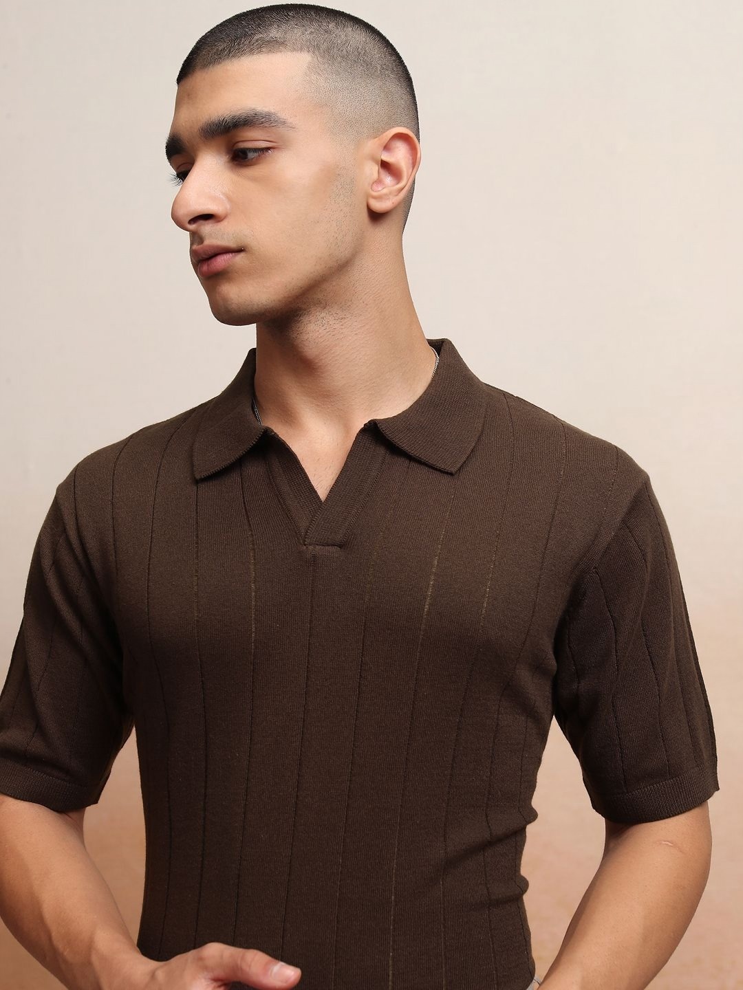 

HIGHLANDER Men Knitted Textured Polo Collar T-shirt, Brown