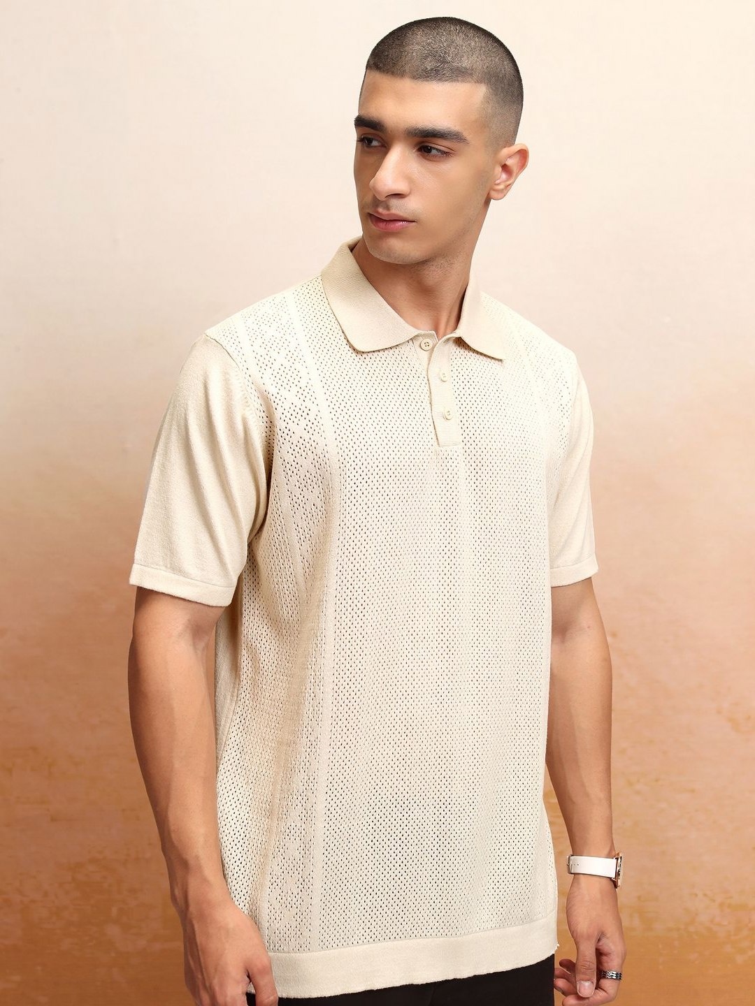 

Highlander Men Knitted Textured Polo Collar Tshirt, Beige