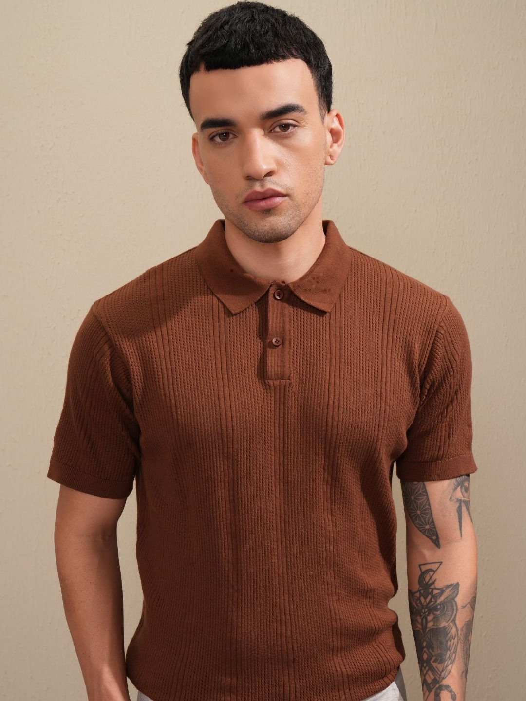 

Highlander Men Knitted Textured Polo Collar Relaxed Fit T-shirt, Brown