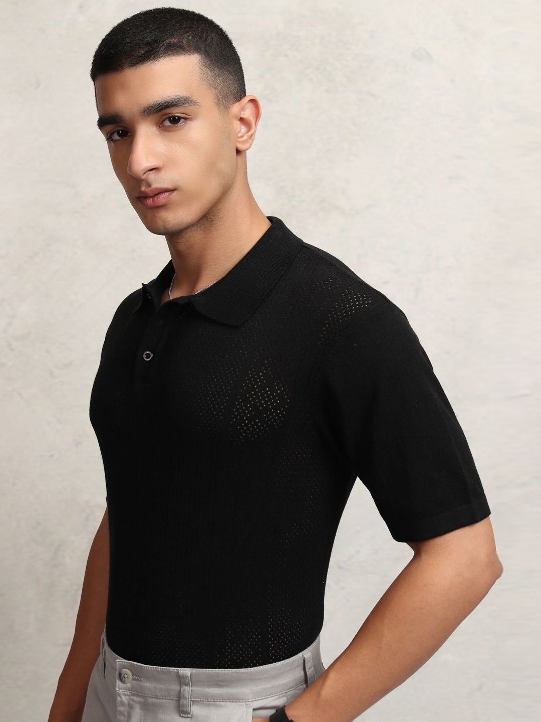 

Highlander Men Knitted Textured Polo Collar T-shirt, Black