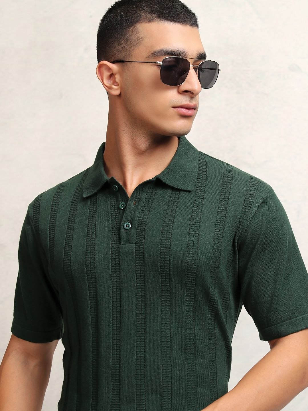 

Highlander Men Knitted Textured Polo Collar Tshirt, Green