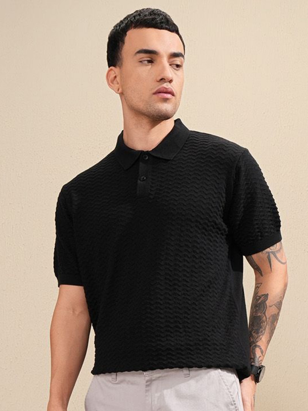 

Highlander Men Knitted Textured Polo Collar T-shirt, Black